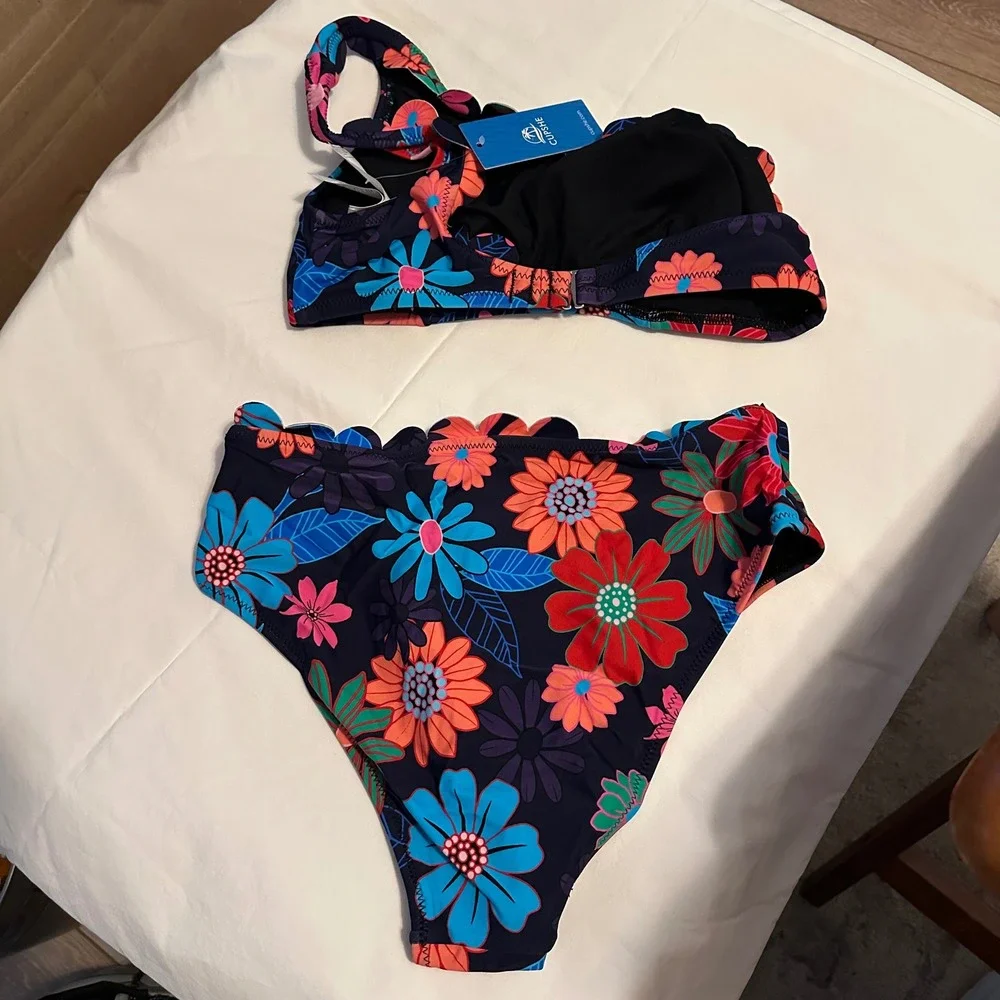 Cupshe Dark Floral One Shoulder Scalloped Bikini Set Navy Blue Size Small Beach - Picture 4 of 8